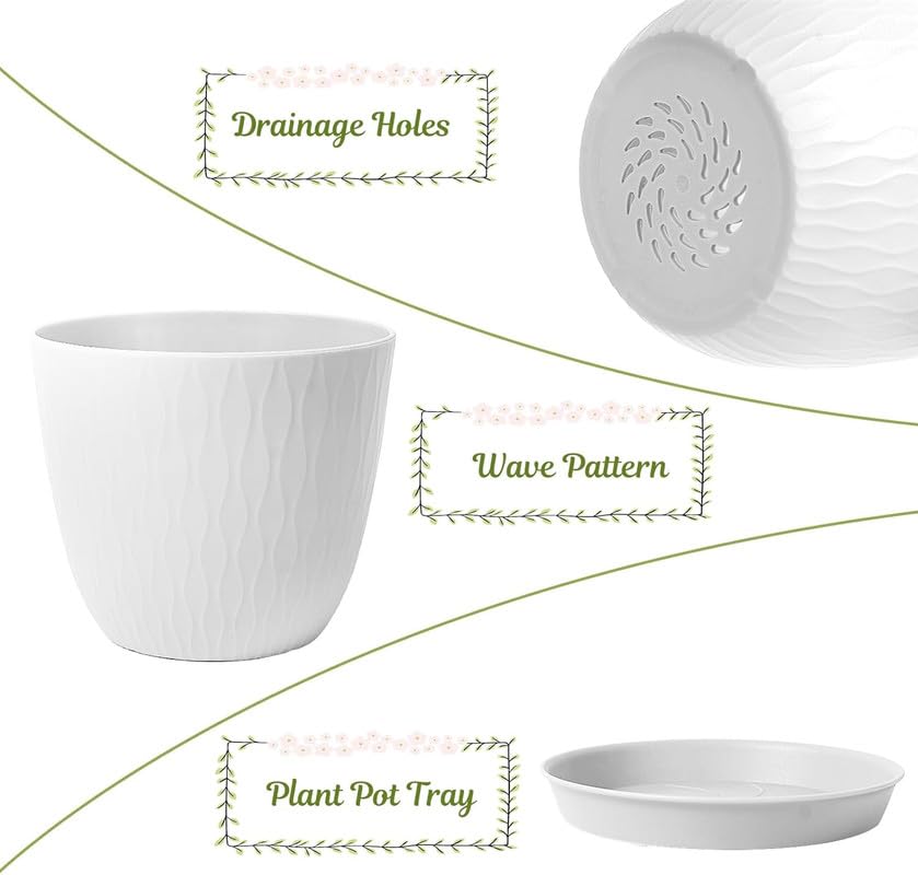 Image of StyleX Store Plastic Round Flower Pots with Drainage Hole Saucers | Durable Outdoor Indoor Wave Pattern Planters with Tray | Plant Containers for Garden, Office, Balcony and Home (Set of 5, White)