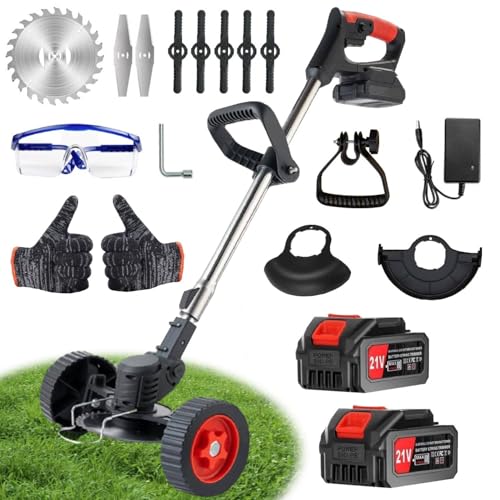 21V Electric Weed Wacker, Cordless Weed Eater with 2 x Batteries & 1 Charger, 3 in 1 Grass String Trimmer/Brush Cutter/Edger, Stringless Lightweight Weed Trimmer for Garden, Yard and Lawn