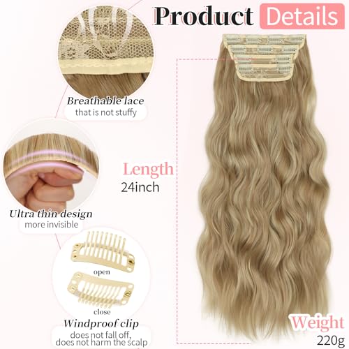 Image of KooKaStyle Wavy Thick Hair Extensions 24 inch Dark Ash Blonde Mixed Blonde | 4 Pieces Clip in Extensions,Fiber Double Weft Hairpieces,Natural Volume,Highlight Wave Long Synthetic Hairpieces for Women