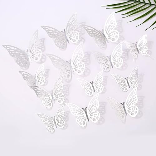 Lot de 120 papillons décoratifs muraux 3D en forme de papillon argenté - 3 tailles - Décorations de fête d'anniversaire - Décorations de gâteaux amovibles C2