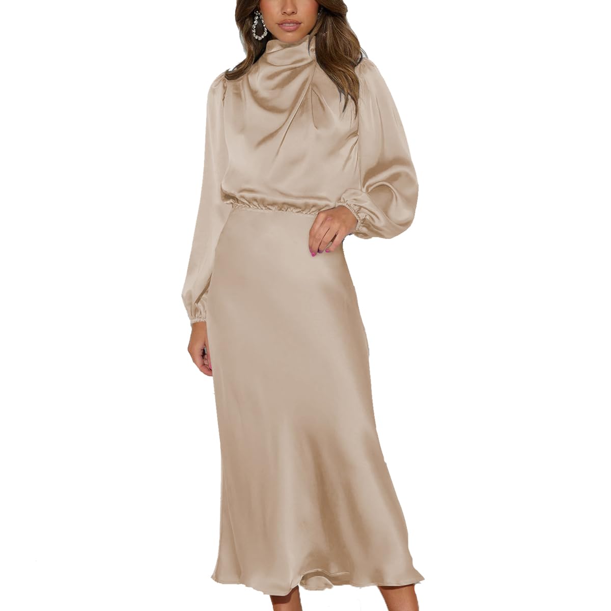 Donna Abito Lungo in Satin Increspato Maniche Lunghe Vestiit Vita in Stile Sciolto Autunno Nuovo Elegante Vestito Cocktail da Donna e Ragazze