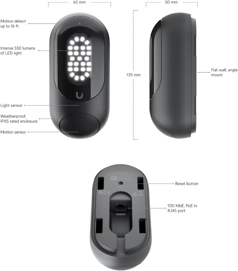 Ubiquiti Networks Smart Flood Light, UP-FloodLight, Motion-Sensor, 550 Lumens, IPX5 Waterproof, PoE, UniFi Protect-Ready