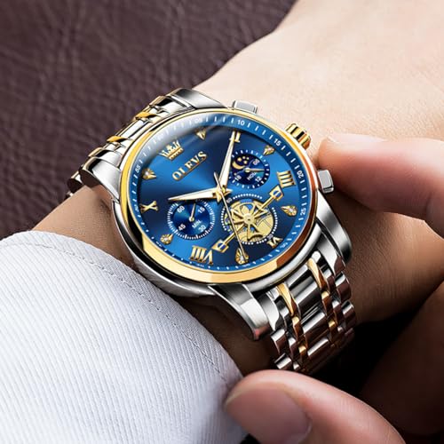 OLEVS Watch for Men Skeleton Analog Quartz Chronograph Diamond Watches Stainless Steel Moon Phase Calendar Waterproof Wrist Watch (Image - 3)