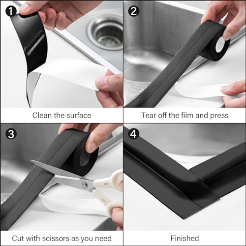 Image of 3 Rolls 1.5 Inch Caulk Tape Self Adhesive Toilet Caulking Strip Bathroom Sealing Caulk Strip Peel and Stick Bathtub Caulking Tape, 10.5 Feet Each Roll (Black)