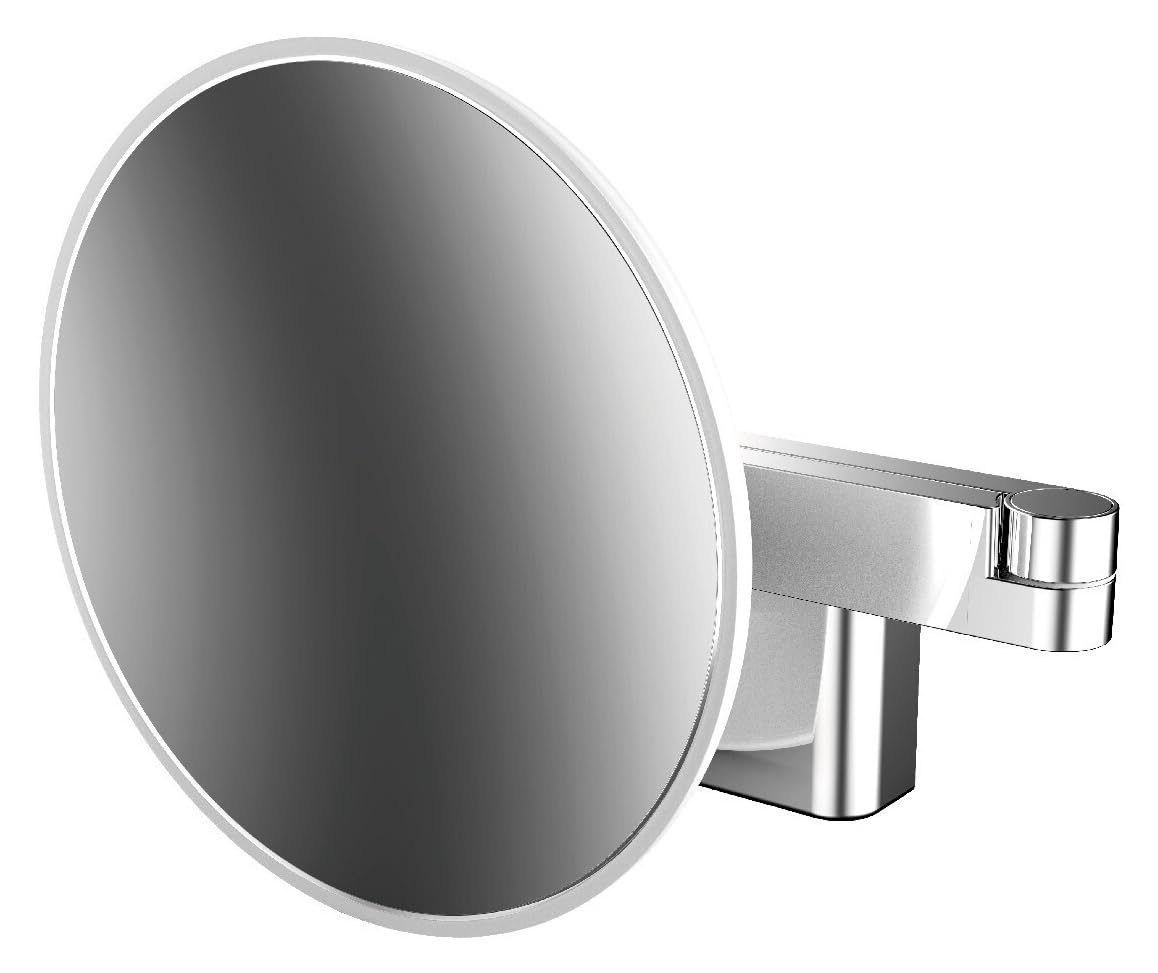Emco Evo LED specchio cosmetico e rasatura sul braccio a doppia articolazione, specchio cosmetico rotondo con illuminazione per montaggio a parete, specchio ingranditore regolabile (5x)