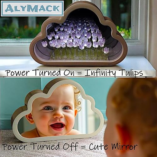 Image of Olyra Tulip Light Mirror Cloud Shape with LED Tulip Flowers, Aesthetic Cloud Vanity Mirror Lamp for Bedroom & Dressing Table, Cute Korean Style Room Decor Mirror Light for Girls Desk, Makeup & Gift