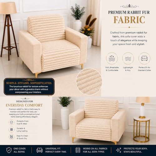 Image of Homerz Premium Rabbit Fur Sofa Cover with Anti-Skid Backing, Soft Plush Fabric Sofa Protector for Living Room Furniture (Beige, 1 Seater, Seat Cover with Backrest)