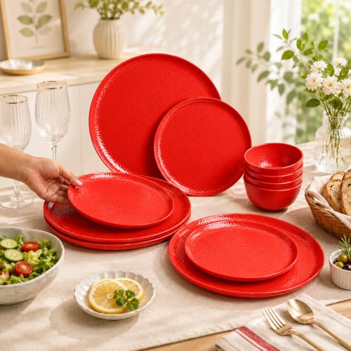 Image of MARKET 99 Heavy-Duty Red Hammered Melamine Dinner Set 12 Pieces | 4 Dinner Plates 4 Side Plates 4 Soup Bowls | Glossy Finish Durable Tableware for Daily Dining Home Kitchen