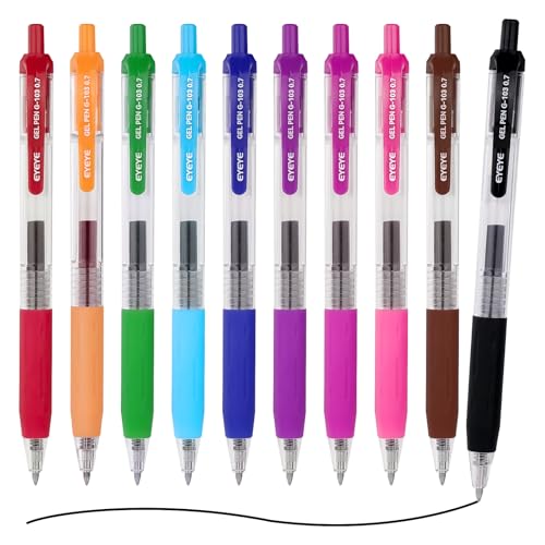 EYEYE Bolígrafos de gel Retráctiles, Punta Fina, 0.7 mm, 10 Colores Surtidos, Blíster de 10 Unidades, escritura suave para suministros escolares de oficina