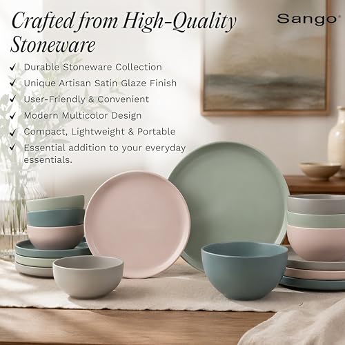 Sango 16-Piece Stoneware Dinnerware Set for 4, Satin Glazed Plates and Bowls Sets with Matte Finish, Ceramic Dish Set, Durable Kitchen Dishes, Microwave & Dishwasher Safe Dining, Rollo Artist's Blend by SANGO - Used condition - Image 3