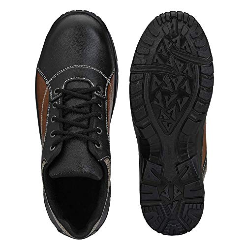 AEGON Thunder Men's Industrial Water Resistant Anti Skid Leather Safety Shoes with Steel Toe - Black & Brown, Size 6