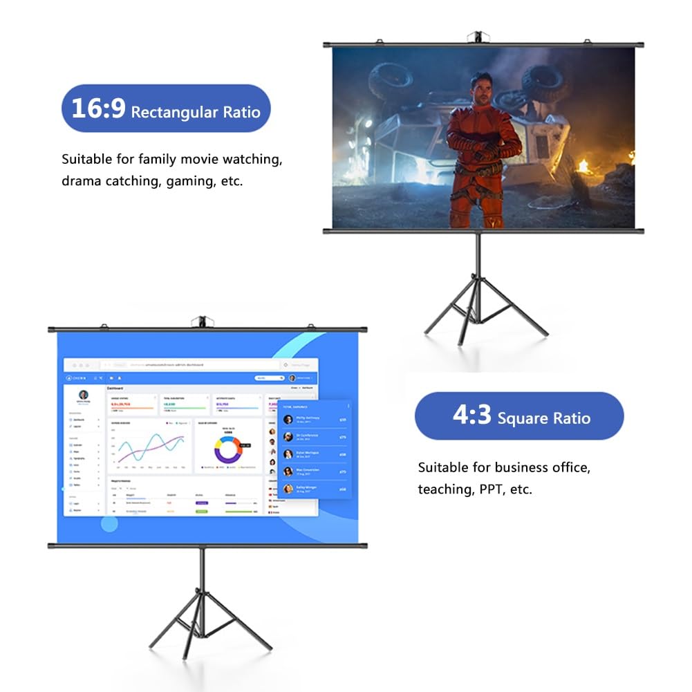 60 72 84 100 Pollici Telo di Proiezione All'aperto per Interni con Treppiede, Schermo Cinematografico Portatile 4K HD per Casa Ufficio Scuola(100"(4:3))