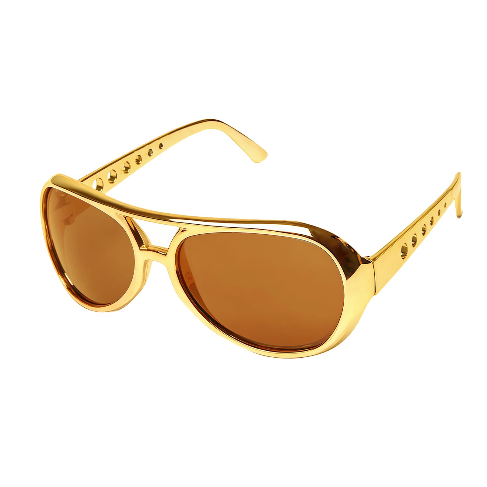 Vyqrx Gold Rockstar Sunglasses for 50s 60s Retro Fancy Dress, Aviator Costume Glasses with Brown Lenses for Party