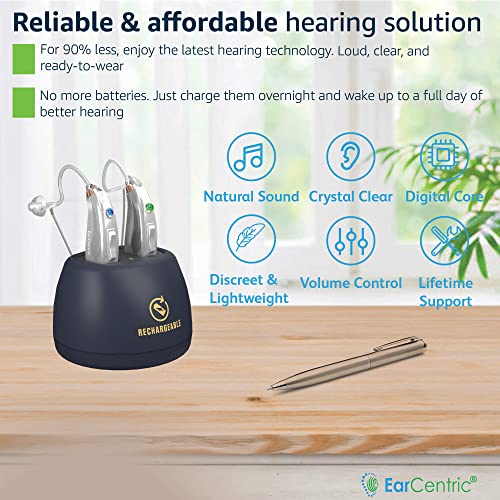 Silver-EarCentric-EasyCharge-Rechargeable-Hearing-Aids-Pair-for-Seniors-Behind-The-Ear-BTE-Ear-Aid-PSAP-digital-Personal-sound-amplification-products-devices-with-Noise-Cancellation