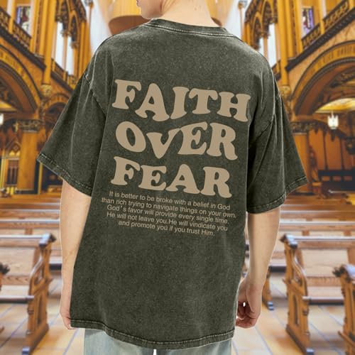 Image of Christian Shirts for Men Faith Over Fear Oversized Shirt Acid Wash Tshirt Graphic Religious T Shirt Bible Verse Tees