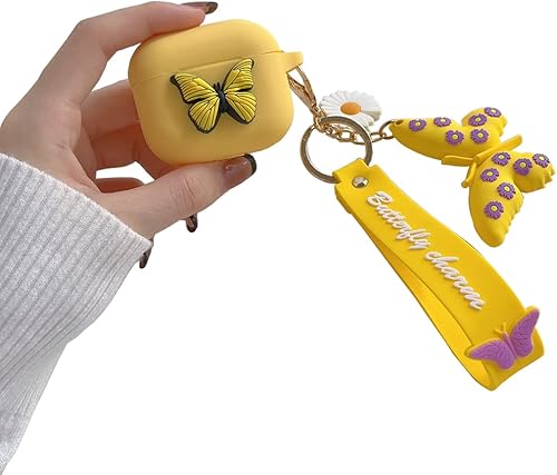 Funda compatible con AirPods 3 mariposa, funda de silicona 3D de dibujos animados para AirPod 3 con llavero de mariposa, funda divertida Kawaii para