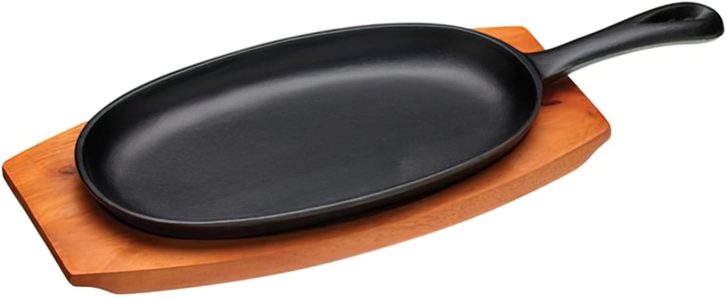 KitchenCraft World of Flavours Japanese Teppanyaki Grill Platter, Cast Iron Sizzling Plate with Wooden Base, 36 x 14.5 x 3.5 cm, Black