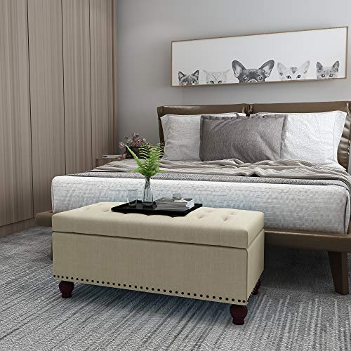 Asense Linen Fabric Rectangle Tufted Lift Top Storage Ottoman Bench, Footstool With Solid Wood Legs Upholstered Storage Bench (Noble Beige) #TOP4
