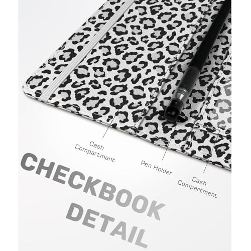 Image of Checkbook Cover for Men Women, Premium Leather Checkbook Holder with RFID Blocking and Built in Clear Plastic Divider for Personal and Business Checks (Leopard-White)