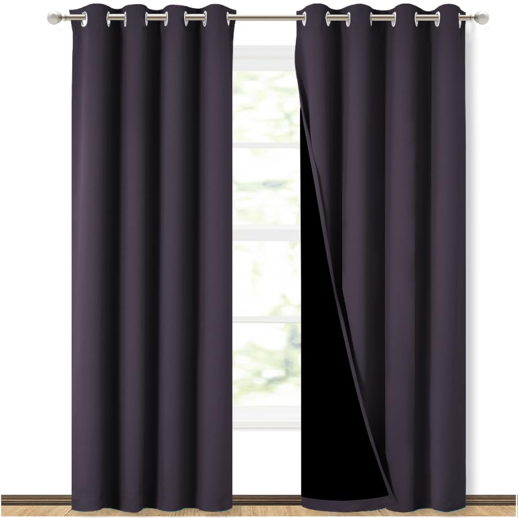 NICETOWN 100% Blackout Curtains 84" Long, Greyish Purple, 52" Wide, Pair of Energy Smart &amp; Noise Blocking Out Drapes for Baby Room Window, Thermal Insulated Guest Room Lined Window Dressing