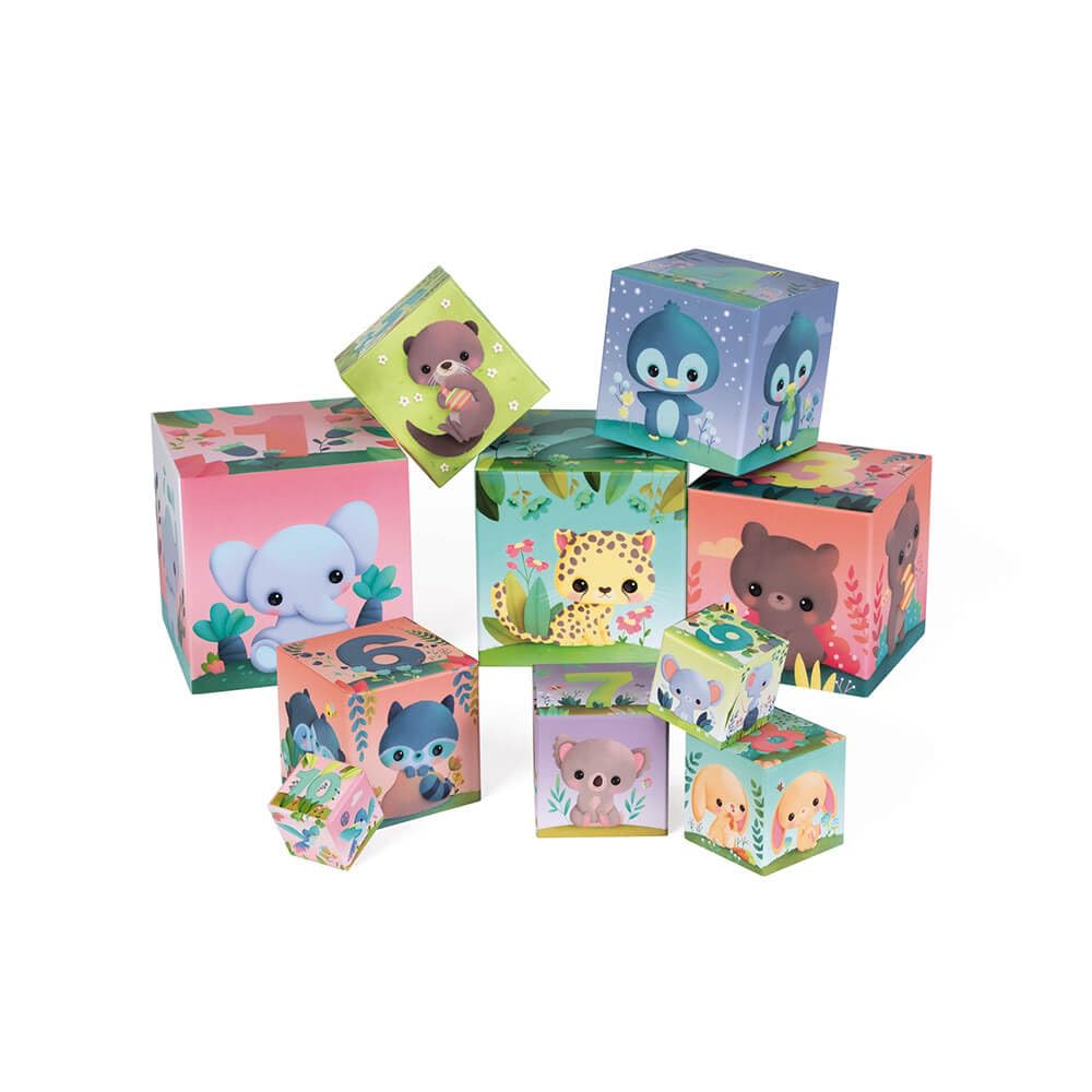 Janod - Animali Quadrati Piramidali - Gioco per L’Apprendimento e Prima Infanzia - Giocattolo di Impilamento e Incastro - Apprendimento di Numeri e Dimensioni - A Partire da 1 Anno, J02652