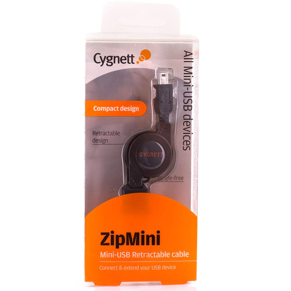 Cygnett Retractable Micro USB to Mini USB Cable Tangle Free and Light Retractable Sync/Charge Flat Cable -70 CM - Black