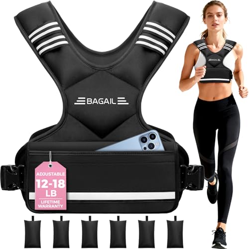 BAGAIL Adjustable Weighted Vest for Men & Women 12-18lb, Comfortable U-Neck Rucking Vest with 6 Removable Weights, Storage Pocket and Reflective Strips for Running, Rucking, HIIT, Cardio & Home Gym