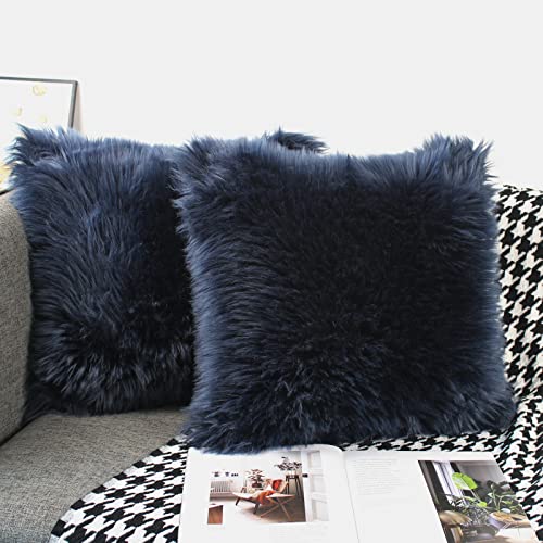 OYIMUA Navy Blue 20 x 20 Inches Cushion Covers Pack of 2 Fluffy Soft Faux Fur Square Pillowcases, Luxury Home Decorative Super Soft Plush Pillow Covers Case 50cm x 50cm for Sofa Bed Living Room