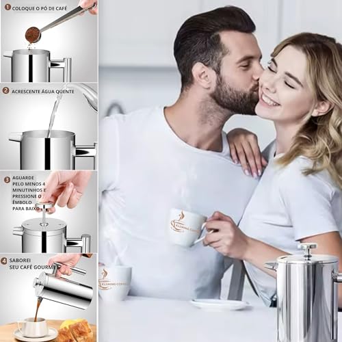 KLEMING COFFEE | Cafeteira de Prensa Francesa com Parede Dupla em Aço Inoxidável, 700 ml, Térmica, 6