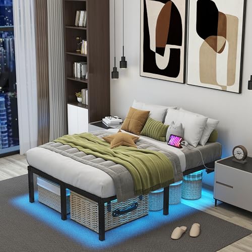 HusDream Full Size Bed Frame with LED Lights 14 Inch Platform Bed Frame Full with Charging Station Black Metal Mattress Foundation no Box Spring Needed Led Bed with Storage Space (14 Inch, Full)
