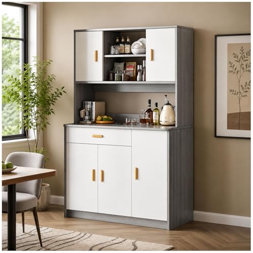 Genérico Alacena de Cocina Almacenaje Moderna Salon, Armario Cocina con 5 Puertas y 3 Cajones, Alacena Cocina con Estantes y Dispositivo Antivuelco,Gris,39.3'
