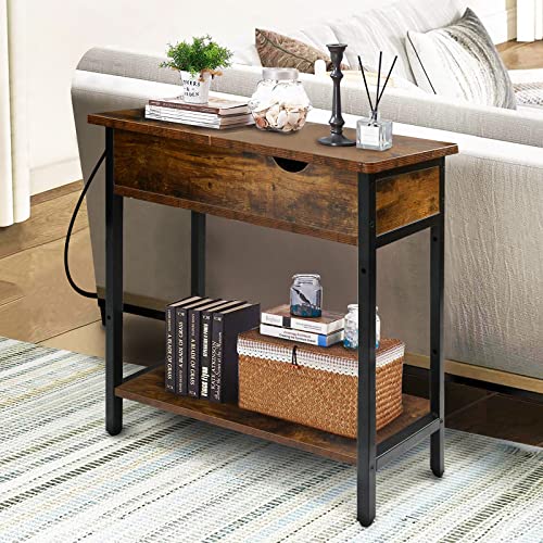 Voilamart End Table With Charging Station, Flip Top Side Table With Storage, Nightstand With Usb Ports And Outlets, For Living Room, Bedroom Rustic Brown #TOP7