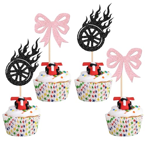 24 PCS Burnouts or Bows Cupcake Toppers Glitter Gender Reveal Birthday Decorations Boy or Girl Cupcake Picks for Gender Reveal Theme Baby Shower Boys Girls Birthday Party Cake Decorations Supplies