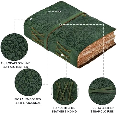 Leather Bound Floral Embossed Journal for Women Men - 200 Pages, 8”X6”(A5), Green - Book of Shadows, Vintage Watercolor Paper, Notebook for Writing, Drawing, Sketchbook By LEATHER VILLAGE - 2