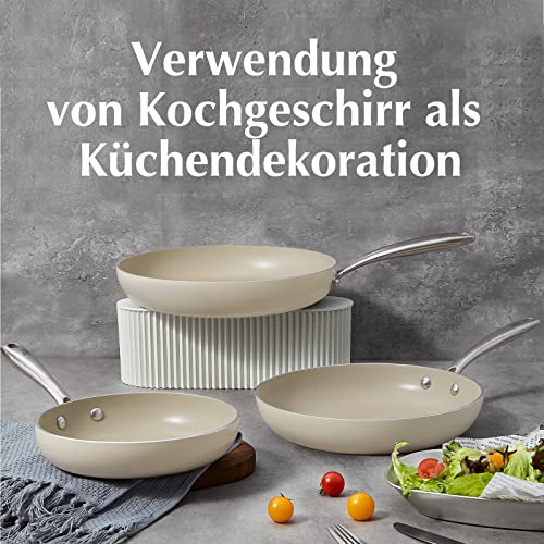 Foto von ROCKURWOK Keramik Pfannenset, 3-teilig Antihaft Bratpfannen 20/26/30 cm für alle Herdarten, Keramikpfanne PTFE-frei PFAS-frei PFOA-frei, Induktionsgeeignet, Spülmaschinenfest (beige)