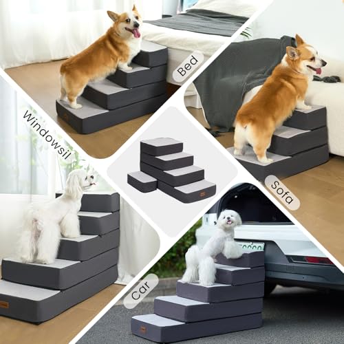 5-Step Adjustable Dog Stairs for High Beds, Dog Steps for Small Dogs and Cats, Foldable Pet Stairs for Bed Climbing, Non-Slip Pet Step Indoor, Grey - Image 6