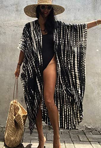 Swimsuit Cover Up Kimonos For Women Black White Stripe Tie Dye Long Beach Kimono Cover Ups Curve Hem Loose Kimono Robes Light Weight Stripe Black Kimono Cardigan With Print 732-0 Black #TOP6