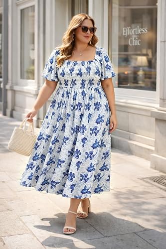 Image of RITERA Plus Size Dresses for Curvy Women Square Neck Short Sleeve Summer Floral Smocked Maxi Dress with Pocket XL-5XL
