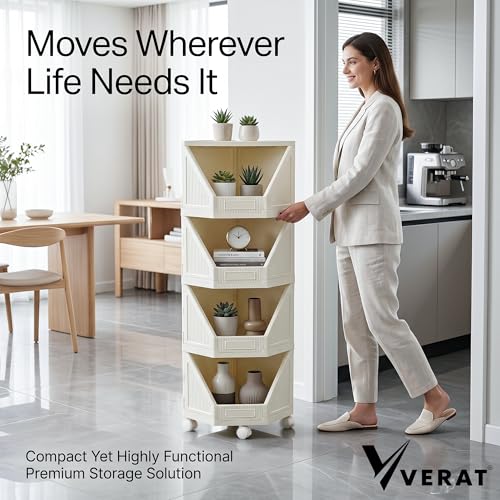 Image of VERAT 4 Tier Plastic Corner Storage Cabinet Foldable Cupboard with Layer Locking System Multipurpose Storage Organizer Rack for Clothes Books Toys and Home Decor White (Off White)