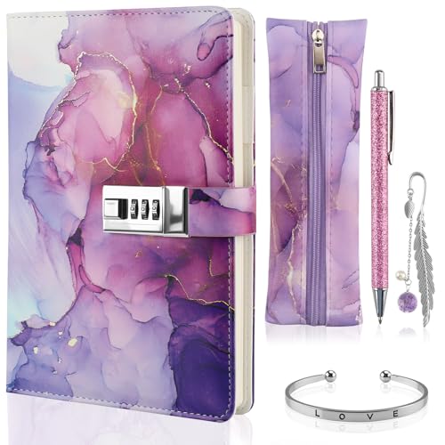 Foymlon Diario Secreto Niña, Diario con Código para Niñas A5, Diario con Candado Con Funda de Cuero PU Impermeable, Caja de Regalo con Bolígrafo, Marcapáginas, Estuche y Pulsera