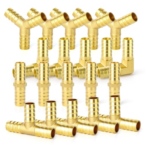 GASHER 20 Pieces 1/4 Inch Brass Hose Barb Set, 90 Degree L Right Angle Elbow, Y-Shape Air Hose, Tee Hose Barb, Fuel/AIR/Water/Oil/Gas/WOG by GASHER - Used condition - US$13.64
