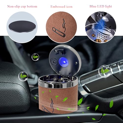 Image of Wevdn Car Ashtray with Lid, Detachable & Portable Stainless Steel Smokeless Ashtrays for Car, Mini Universal Smell Proof Windproof Car Ashtray with LED Blue Light (Brown-Plush Surface)