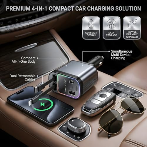 Image of 120W Car Charger with Starry LED Lights, 4-in-1 Retractable Fast Charger with Type-C & Lightning Cables, USB-A & USB-C Ports for iPhone 17 /16 /15, Samsung & Android