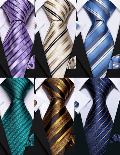 Image of Barry.Wang 6 PCS Men Ties Set Silk Business Fashion Woven Necktie Handkerchief Cufflinks Paisley Stripe Wedding Party