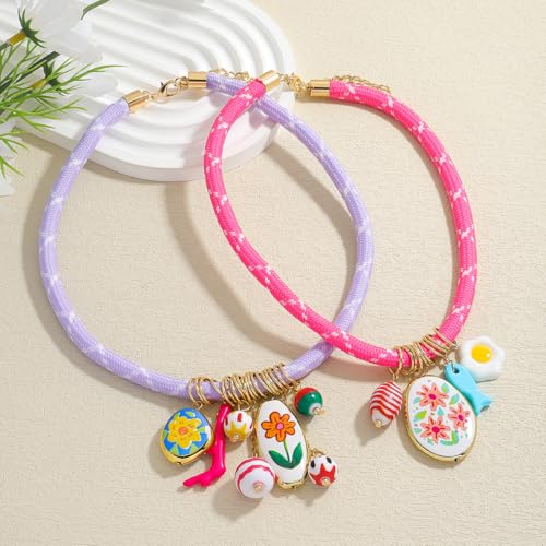 Stylish Double Layered Rope Necklace for Women, Multi-Layer Egg Flower Printed Fish Porcelain Pendant Charms Rope Necklaces, Summer Beach Festival Jewelry Gift4