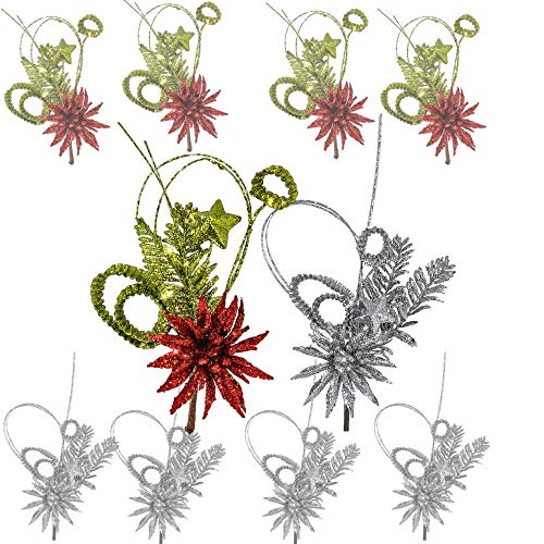 Poinsettia Floral Clips Set of 10 - Silver, Red and Green Christmas Glittery Holiday Sprays with Clips Attached - Each Pick is 6.5"L