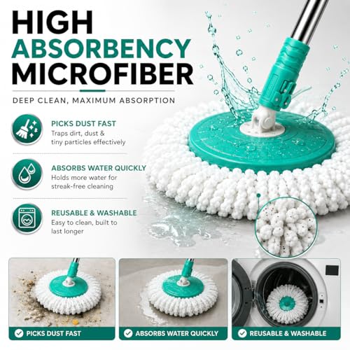 Image of Premium 360 Spin Mop Stick Rod | Adjustable & Extendable Mop Handle | Heavy Duty Rust-Proof Floor Cleaning Rod Compatible with Spin Mop Refill - 1 Refill