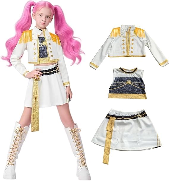 Yeria Disfraz de estrella del pop para niñas – Conjunto de 3 piezas con flecos blancos, disfraz de artista de escenario K-Pop Rumi con guantes y diadema, para 3-4 años, talla 120, Halloween, disfraces