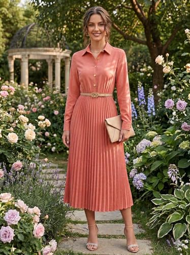 Image of Business Casual Shirt Dress for Women Long Sleeves Pleated Midi Dresses with Belt