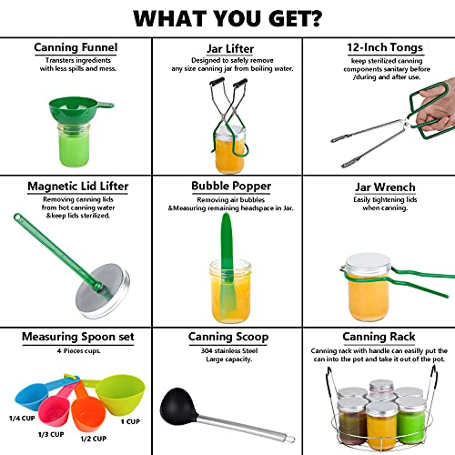 Canning Kit, 13 In 1 Canning Supplies Include Steamer Rack, Canning Funnel, Jar Lifter, Jar Wrench, Canning Tongs, Lid Lifter, Bubble Popper, Jar Brush, Canning Ladle, 4Pcs Measuring Cups (Green) #TOP2